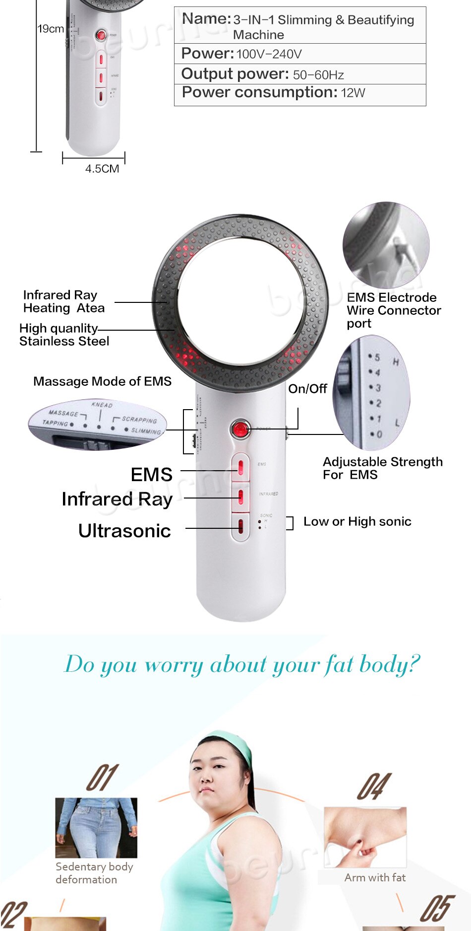 3 in 1 Facial Lifting EMS Infrared Ultrasonic Body Massager Device Ultrasound Slimming Fat Burner Cavitation Face Beauty Machine