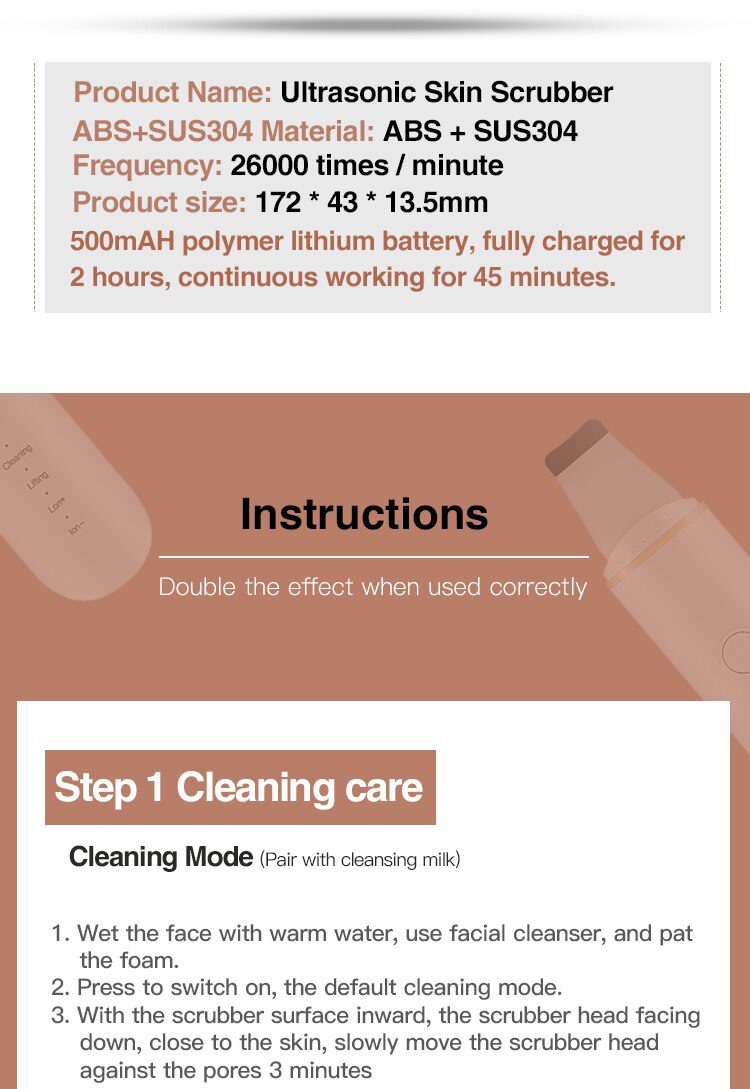 Ultrasonic Skin Scrubber Vibration Face Spatula Blackhead Remover Facial Scrubber Shovel Clean Cavitation Peeling Facial Lifting