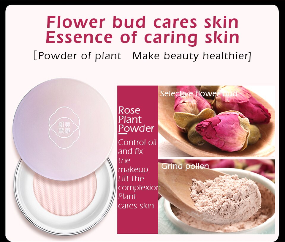 MEIKING Rose Plant Powder Oil Control Loose Powder Cosmetics Compact Whitening Brighten Skin Tone Makeup Setting Mineral Powder