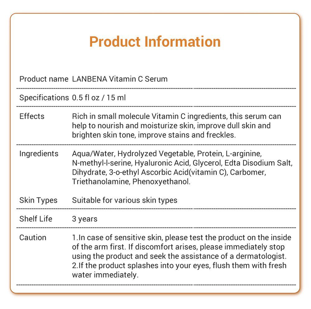 LANBENA Vitamin C Whitening Face Serum Lighten Spots Brightening Facial Skin Essence Fade Dark Spots Remove Freckle Speckle Care