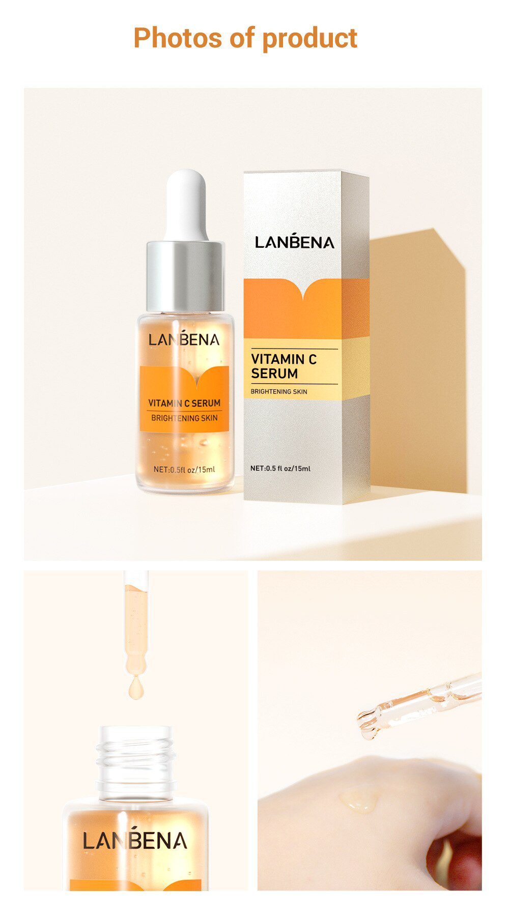 LANBENA Vitamin C Whitening Face Serum Lighten Spots Brightening Facial Skin Essence Fade Dark Spots Remove Freckle Speckle Care