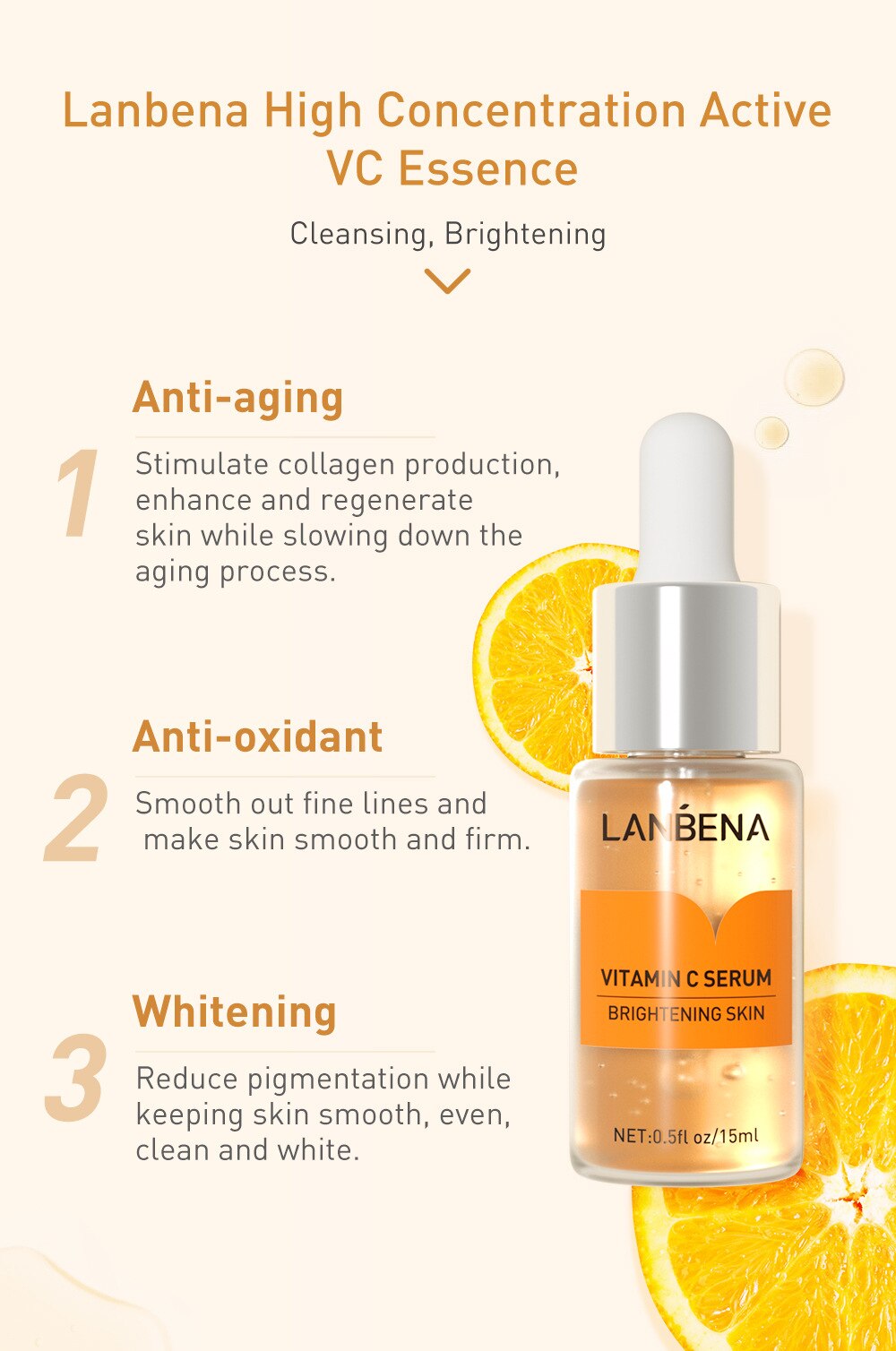 LANBENA Vitamin C Whitening Face Serum Lighten Spots Brightening Facial Skin Essence Fade Dark Spots Remove Freckle Speckle Care