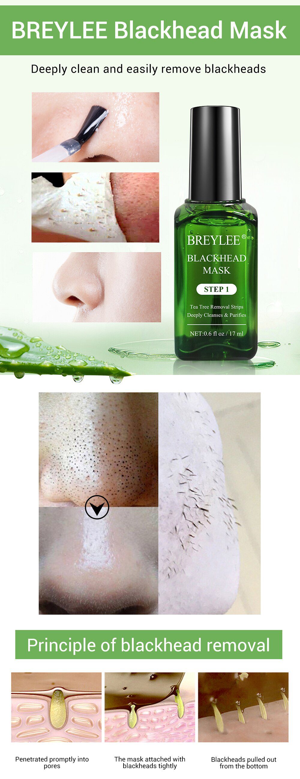 BREYLEE Tea Tree Blackhead Remover Serum Shrink Pores Essence Black Peeling Mask Oil-Control Face Sheet Mask Whitening Skin Care