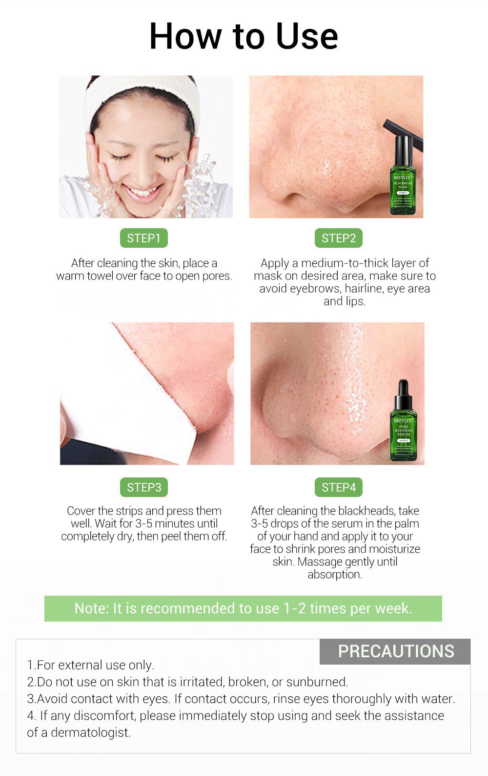 BREYLEE Tea Tree Blackhead Remover Serum Shrink Pores Essence Black Peeling Mask Oil-Control Face Sheet Mask Whitening Skin Care