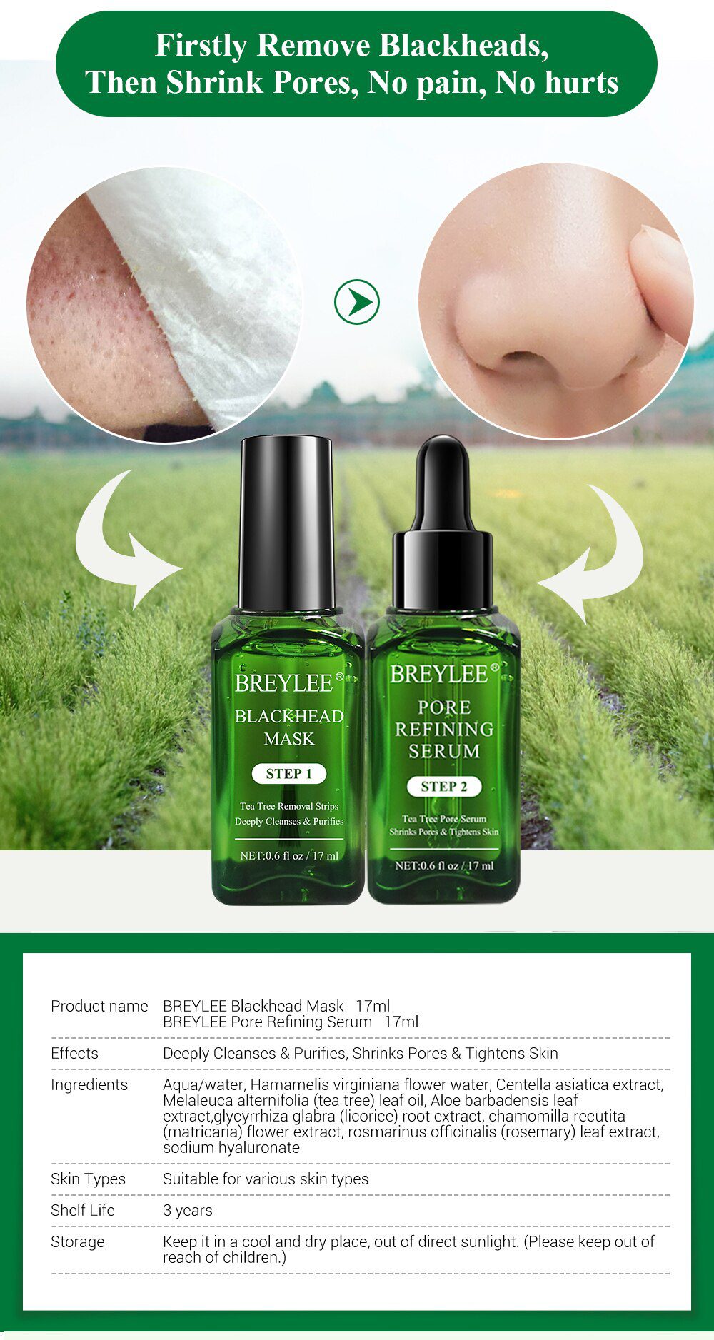 BREYLEE Tea Tree Blackhead Remover Serum Shrink Pores Essence Black Peeling Mask Oil-Control Face Sheet Mask Whitening Skin Care