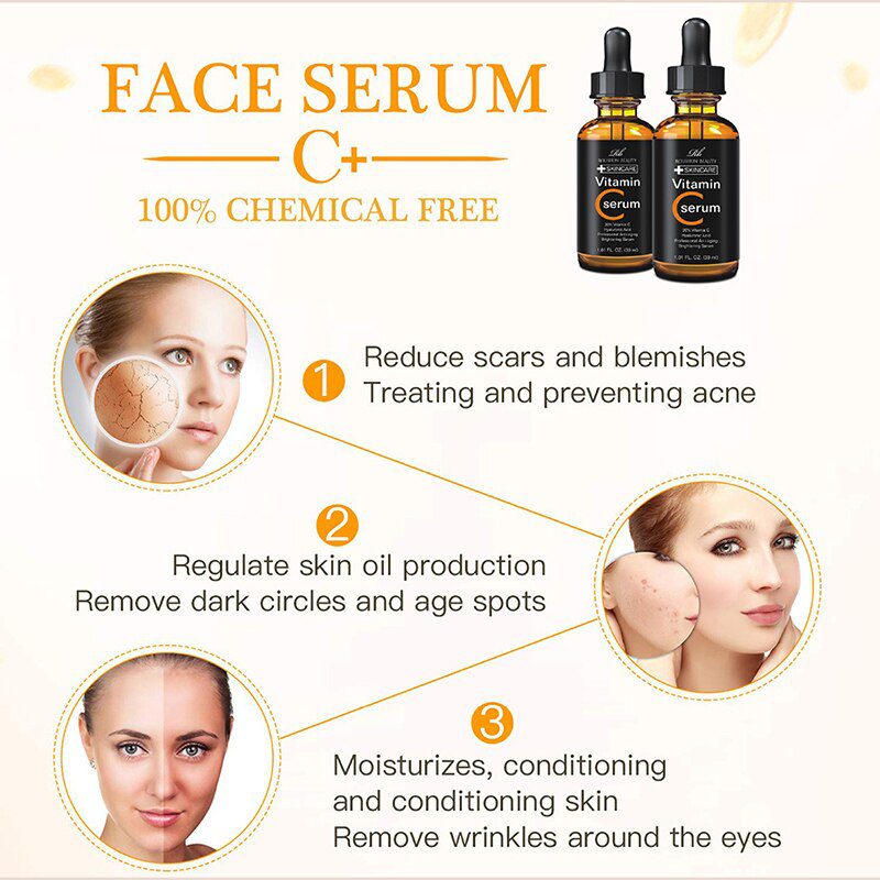 30ml Vitamin C Face Serum Long Lasting Moisturizing Improve Roughness Lighten Spots Hyaluronic Acid Facial Essence