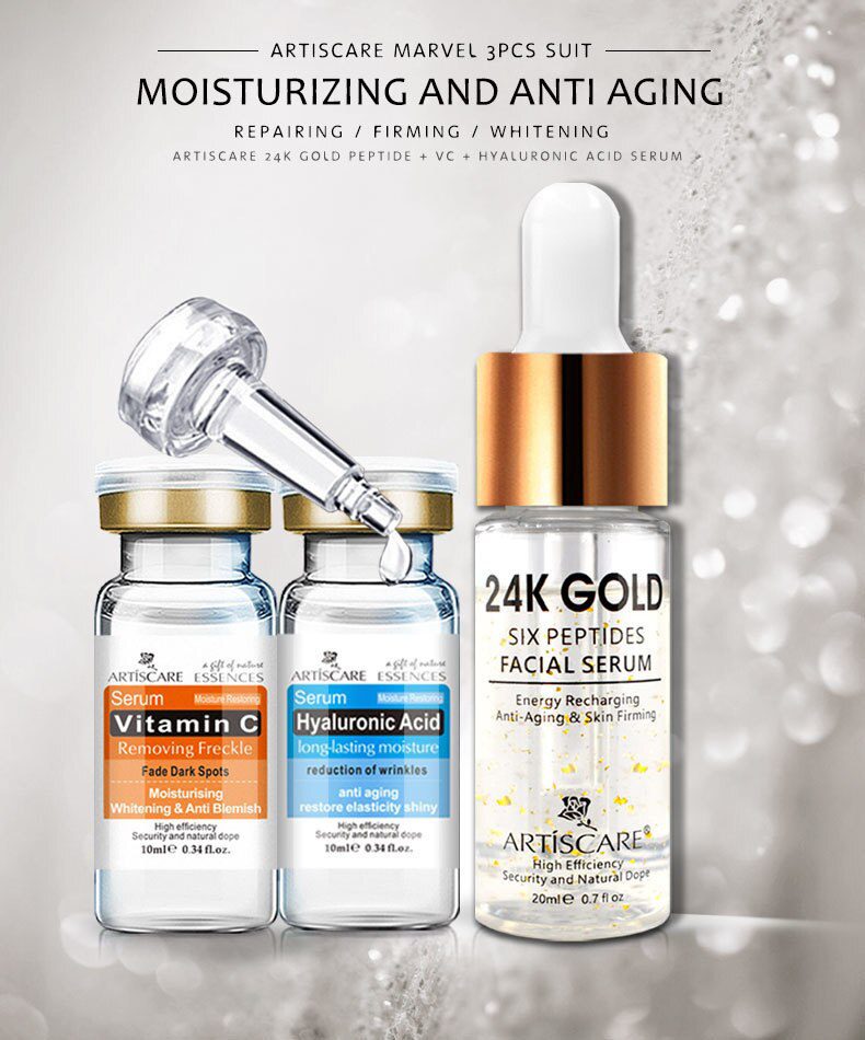 ARTISCARE Vitamin C Serum+Six Peptides Serum 24K Gold+Hyaluronic Acid Serum Anti-Aging Moisturizing Skin Care Whitening Brighten