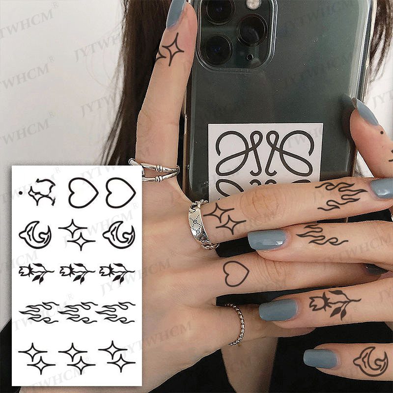 Waterproof Temporary Tattoo Sticker Female Body Makeup Flame Finger Tattoos Smiley Black Rose Flower Art Flash Fake Tattoos Men