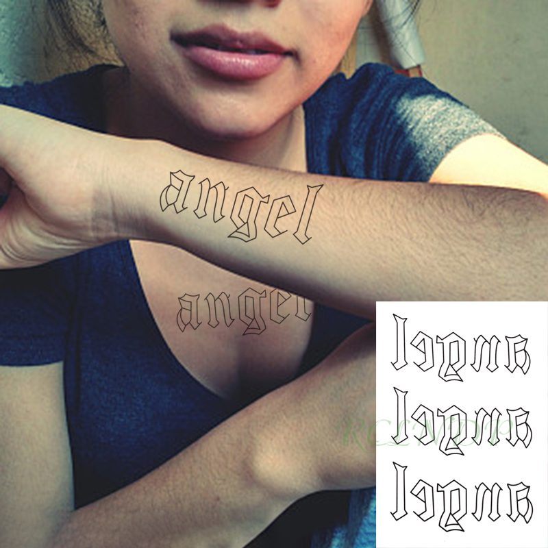 Waterproof Temporary Tattoo Sticker Neck Black Word Angel Devil Bull Cross English Letters Flash Tatoo Fake Tatto for Woman Men