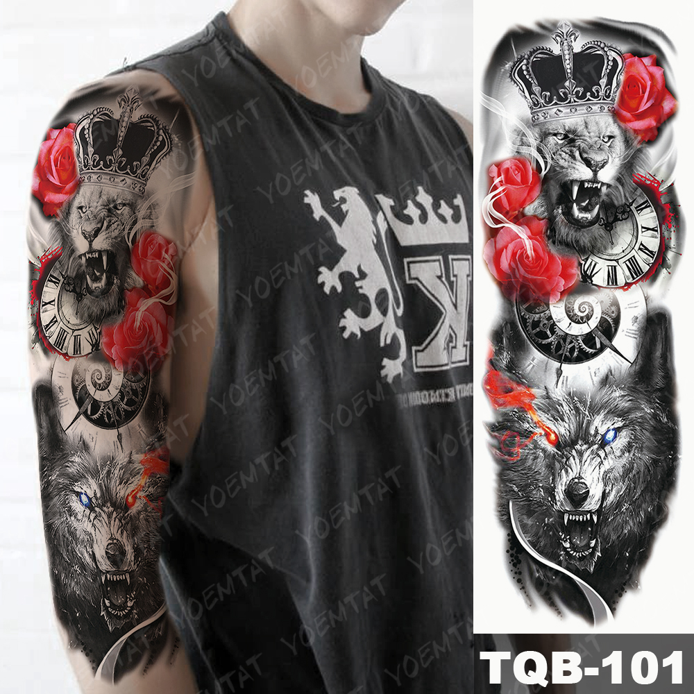 Large Arm Sleeve Tattoo Lion Crown King Rose Waterproof Temporary Tatoo Sticker Wild Wolf Tiger Men Full Skull Totem Fake Tatto