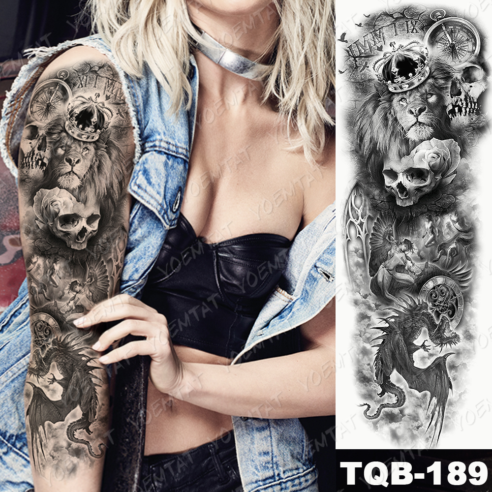 Large Arm Sleeve Tattoo Lion Crown King Rose Waterproof Temporary Tatoo Sticker Wild Wolf Tiger Men Full Skull Totem Fake Tatto