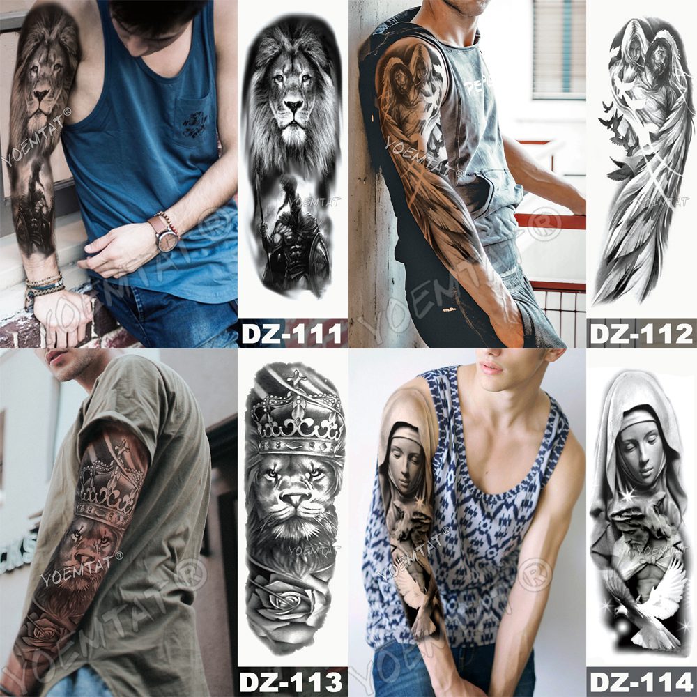 Large Arm Sleeve Tattoo Lion Crown King Rose Waterproof Temporary Tatoo Sticker Wild Wolf Tiger Men Full Skull Totem Fake Tatto