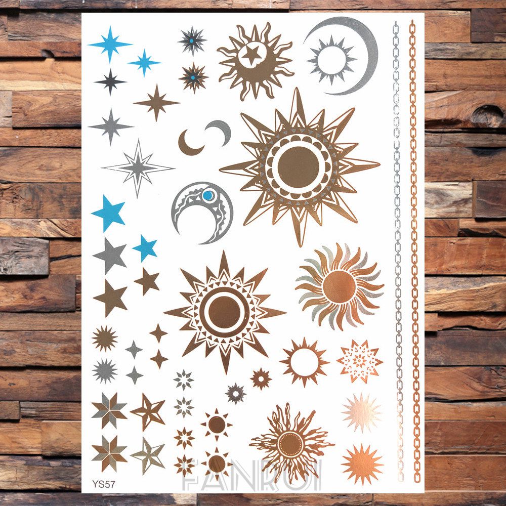 Sexy Sun Moon Star Temporary Tattoo Women Party Body Arm Art Fake Flash Tatoos Gold Metallic Tattoo Stickers Girl Bracelet Wrist