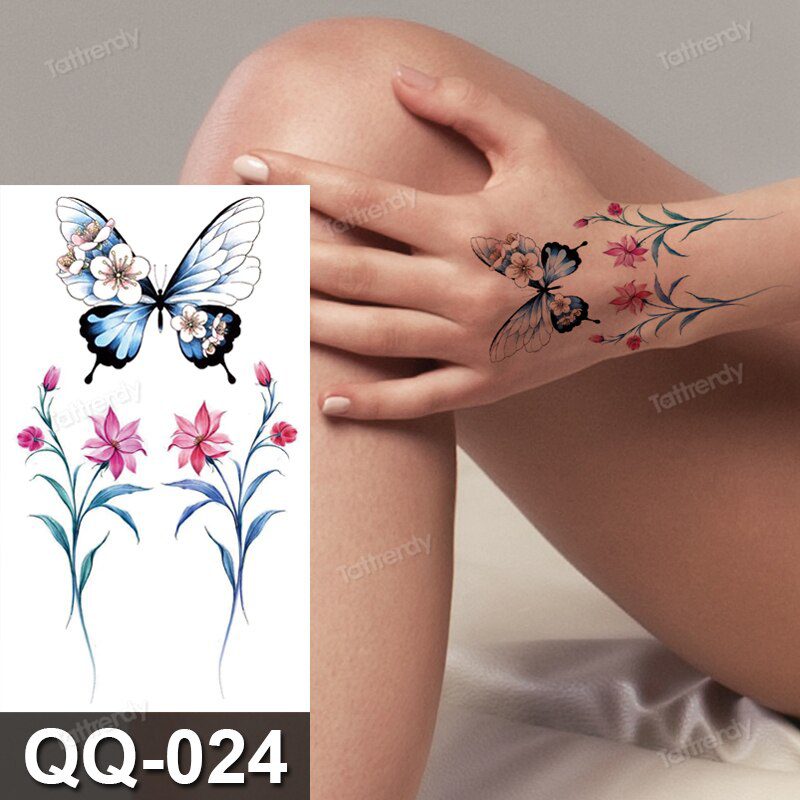 small plant tattoo sticker purple lavender flowers butterfly water color temporary tattoos cute lovely hand sleeve tattoo wrist