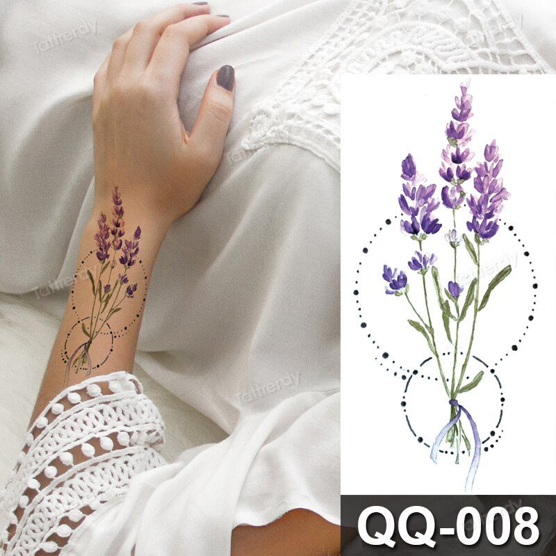 small plant tattoo sticker purple lavender flowers butterfly water color temporary tattoos cute lovely hand sleeve tattoo wrist