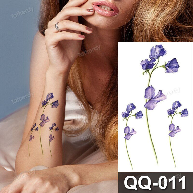 small plant tattoo sticker purple lavender flowers butterfly water color temporary tattoos cute lovely hand sleeve tattoo wrist