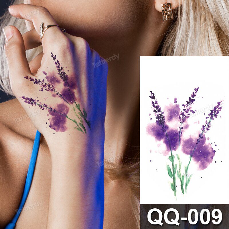 small plant tattoo sticker purple lavender flowers butterfly water color temporary tattoos cute lovely hand sleeve tattoo wrist