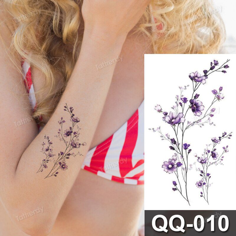 small plant tattoo sticker purple lavender flowers butterfly water color temporary tattoos cute lovely hand sleeve tattoo wrist