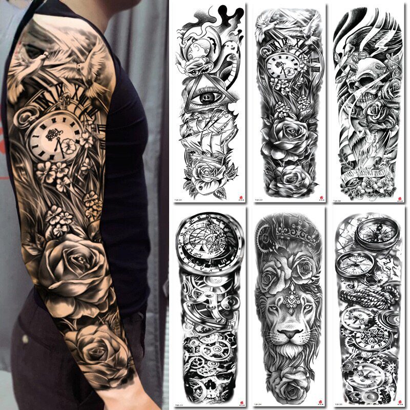 Waterproof Temporary Tattoo Sticker Totem Lion Crown Skull Full Arm Large Size Sleeve Fake Tattoo Flash Tattoo For Men Women