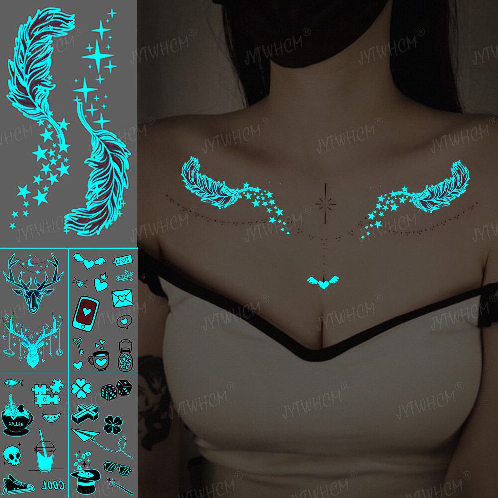 Blue Luminous Tattoo Sticker Luminous Star Feather Waterproof Sexy Temporary Tattoo Body Art Chest Fake Tattoo For Men Women