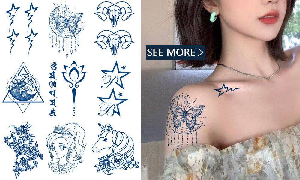 Blue Luminous Tattoo Sticker Luminous Star Feather Waterproof Sexy Temporary Tattoo Body Art Chest Fake Tattoo For Men Women