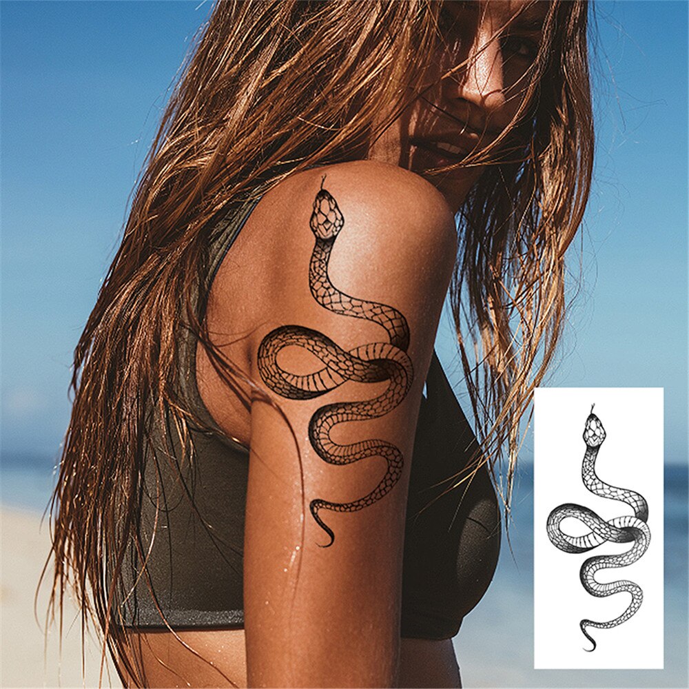 2022 Summer Snake Flower Temporary Tattoos Sticker Waterproof Cool Dark Style Unisex Water Transfer Fake Tattoo Women Accessory