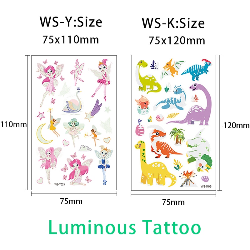 Luminous Tattoo Sticker Children Arm Face Glowing Tattoo Children Body Art Tattoo Dinosaur Pirate Unicorn Mermaid Tattoo Cartoon