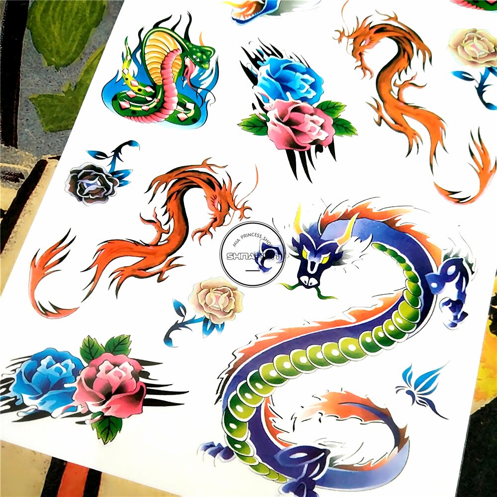 SHNAPIGN Colorful Snake Dragon Temporary Tattoo Body Art Flash Tattoo Stickers 17*10cm Waterproof Fake  Car Styling Wall Sticker