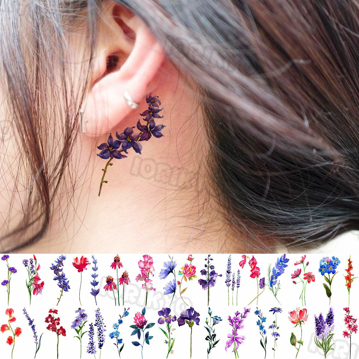 Watercolor Lavender Temporary Tattoos For Women Girls Realistic Sweet Pea Thorns Fake Tattoo Sticker Ear Neck Tatoos Hot Sale