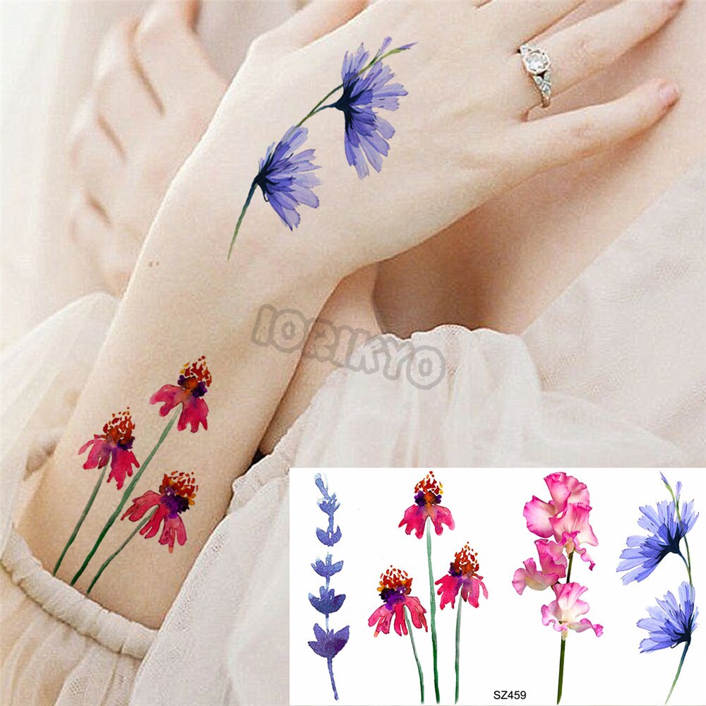 Watercolor Lavender Temporary Tattoos For Women Girls Realistic Sweet Pea Thorns Fake Tattoo Sticker Ear Neck Tatoos Hot Sale