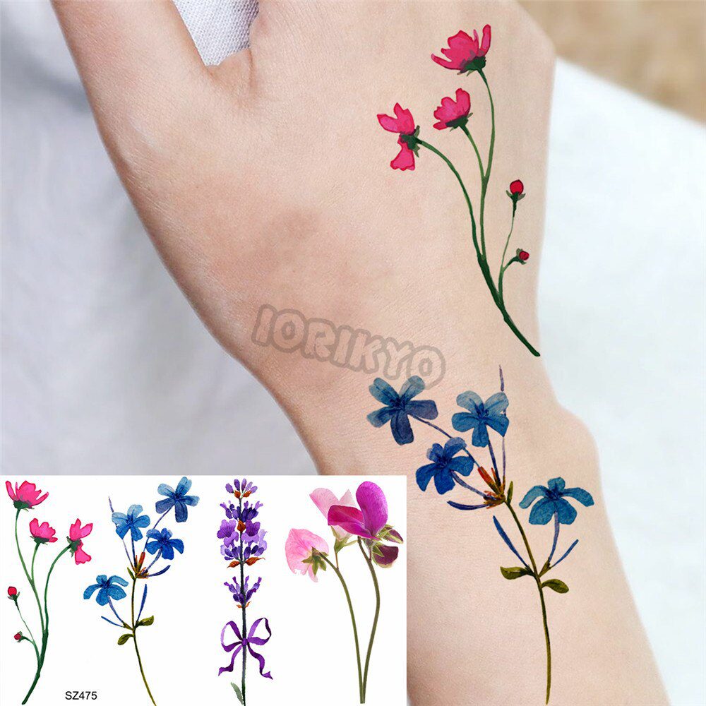 Watercolor Lavender Temporary Tattoos For Women Girls Realistic Sweet Pea Thorns Fake Tattoo Sticker Ear Neck Tatoos Hot Sale