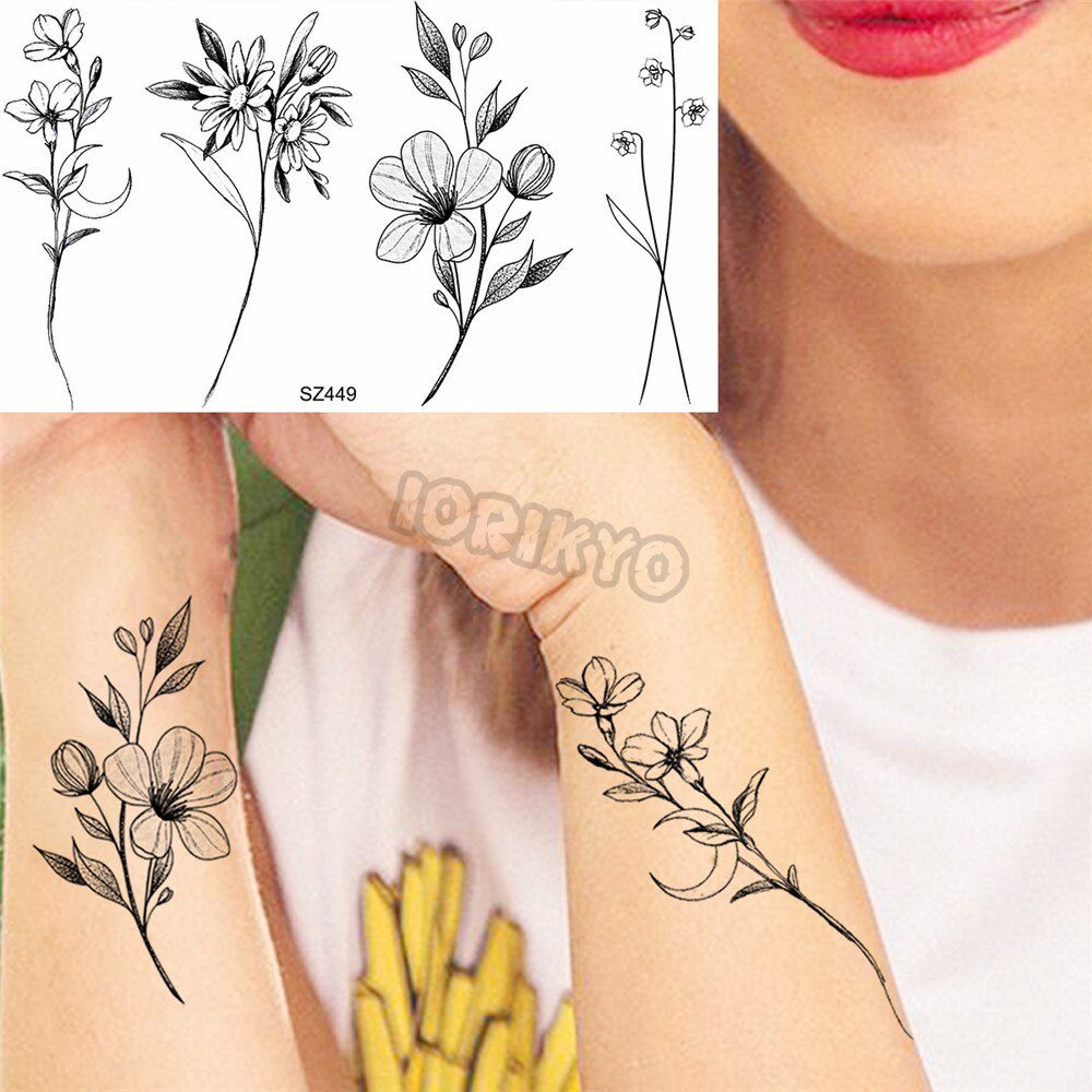 Watercolor Lavender Temporary Tattoos For Women Girls Realistic Sweet Pea Thorns Fake Tattoo Sticker Ear Neck Tatoos Hot Sale