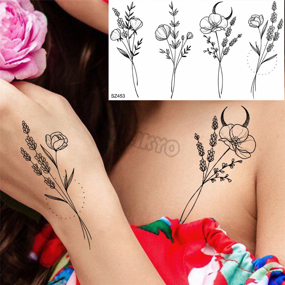 Watercolor Lavender Temporary Tattoos For Women Girls Realistic Sweet Pea Thorns Fake Tattoo Sticker Ear Neck Tatoos Hot Sale