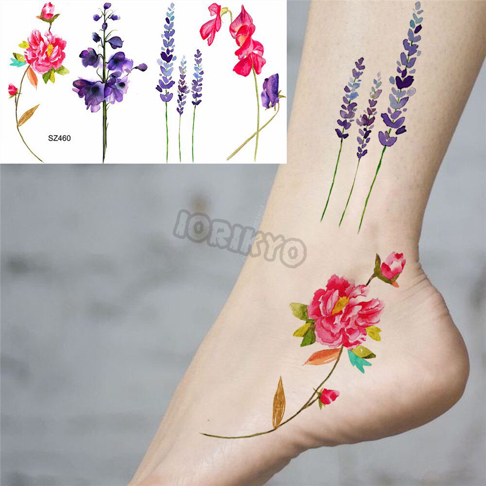 Watercolor Lavender Temporary Tattoos For Women Girls Realistic Sweet Pea Thorns Fake Tattoo Sticker Ear Neck Tatoos Hot Sale