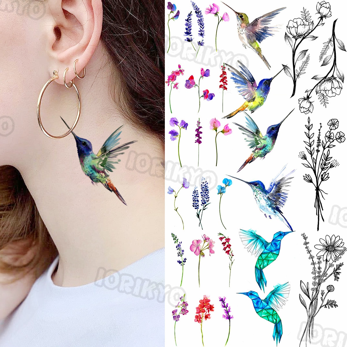 Colorful Hummingbird Small Temporary Tattoos For Women Girls Lavender Plum Blossom Fake Tattoo Sticker Wedding Neck Tatoos Ear