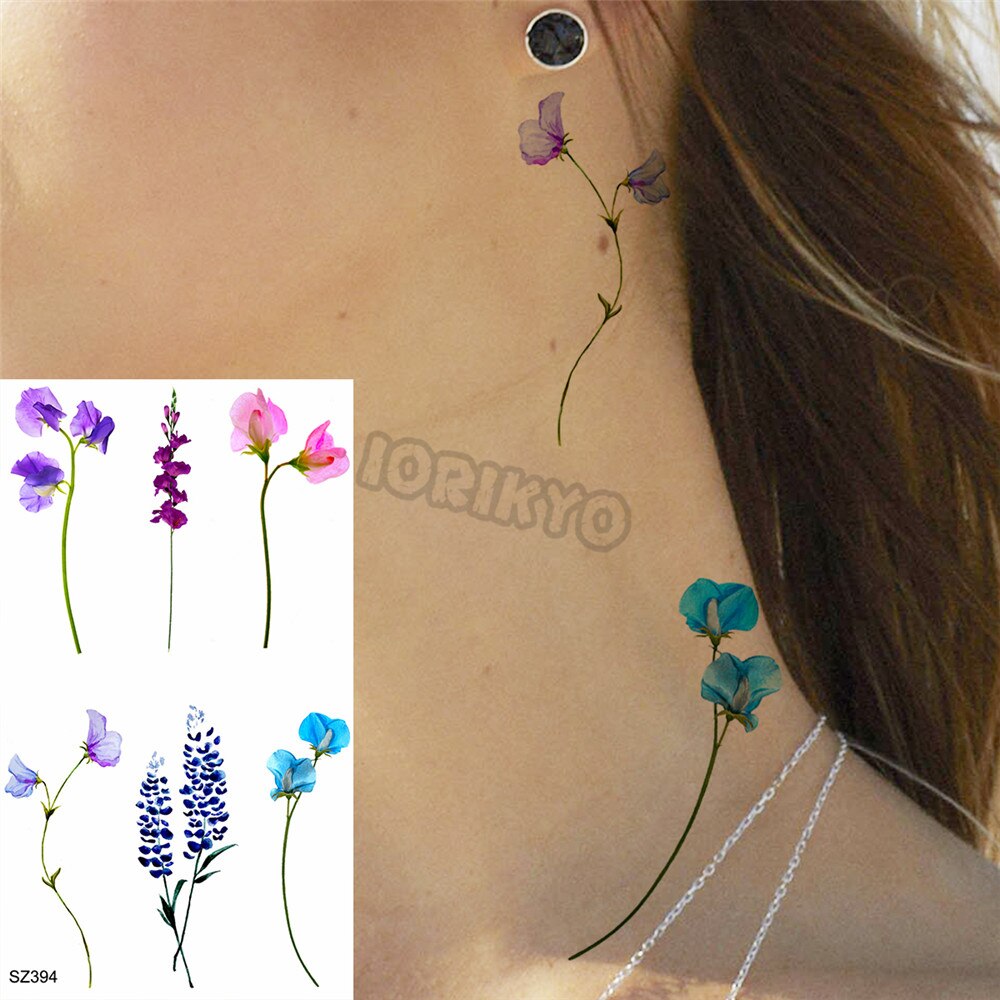 Colorful Hummingbird Small Temporary Tattoos For Women Girls Lavender Plum Blossom Fake Tattoo Sticker Wedding Neck Tatoos Ear