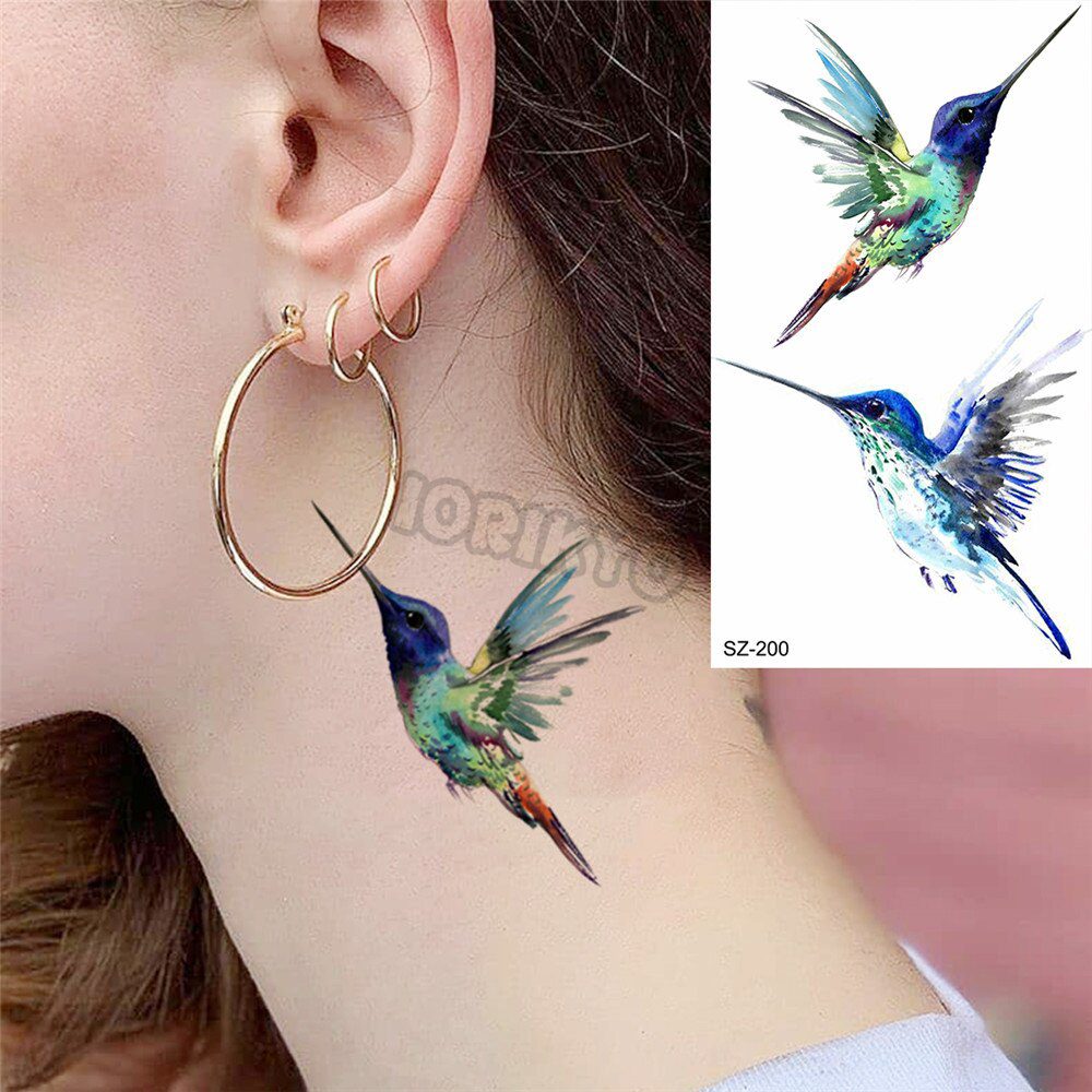 Colorful Hummingbird Small Temporary Tattoos For Women Girls Lavender Plum Blossom Fake Tattoo Sticker Wedding Neck Tatoos Ear