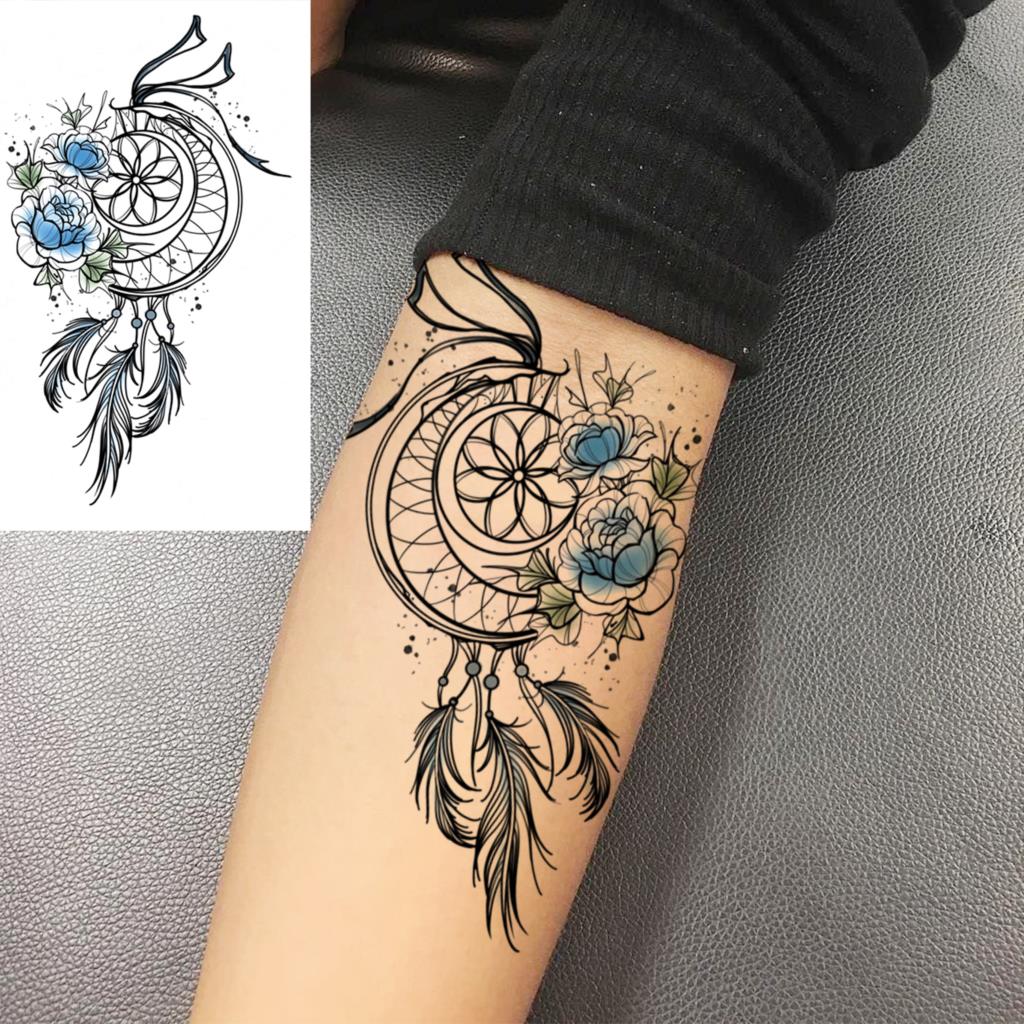 Universe Astronaut Ears Temporary Tattoos For Women Adult Dream Catcher Rose Flower Compass Fake Tattoo Fashion Washable Tatoos