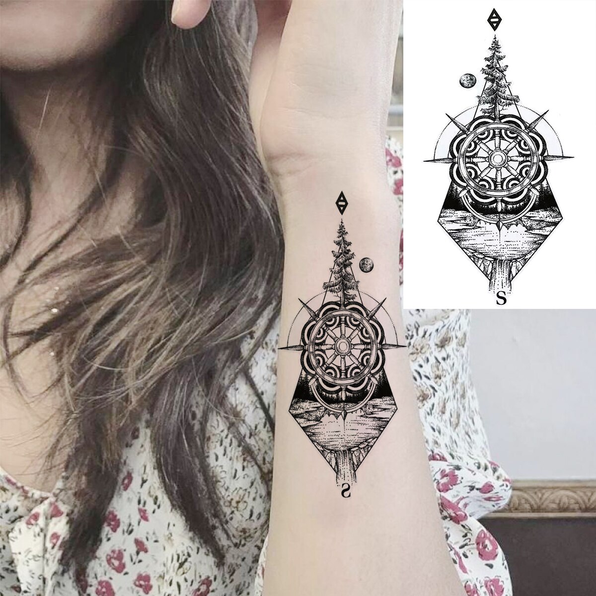 Universe Astronaut Ears Temporary Tattoos For Women Adult Dream Catcher Rose Flower Compass Fake Tattoo Fashion Washable Tatoos
