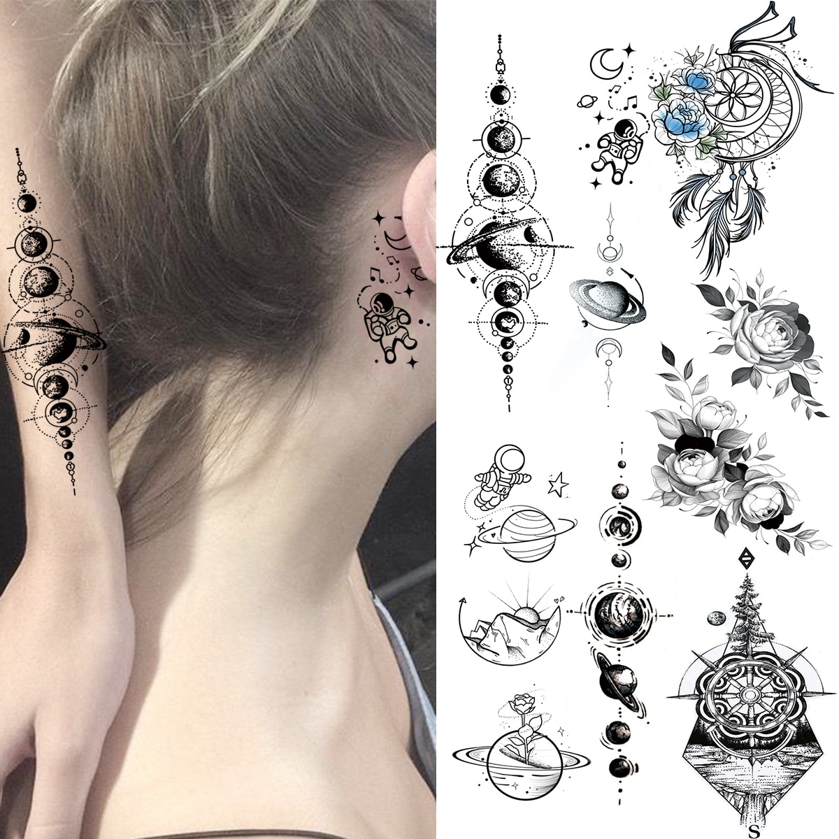 Universe Astronaut Ears Temporary Tattoos For Women Adult Dream Catcher Rose Flower Compass Fake Tattoo Fashion Washable Tatoos