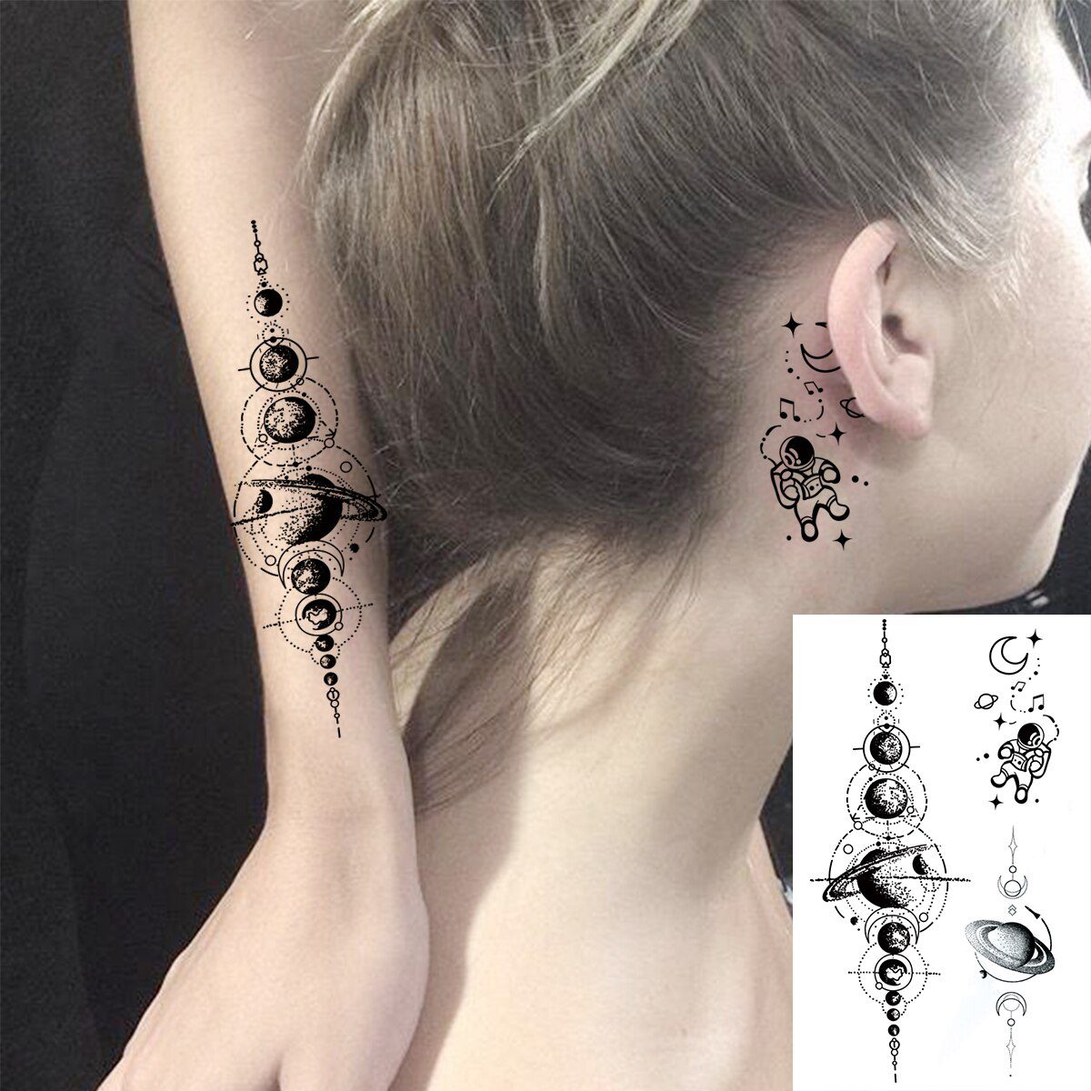 Universe Astronaut Ears Temporary Tattoos For Women Adult Dream Catcher Rose Flower Compass Fake Tattoo Fashion Washable Tatoos