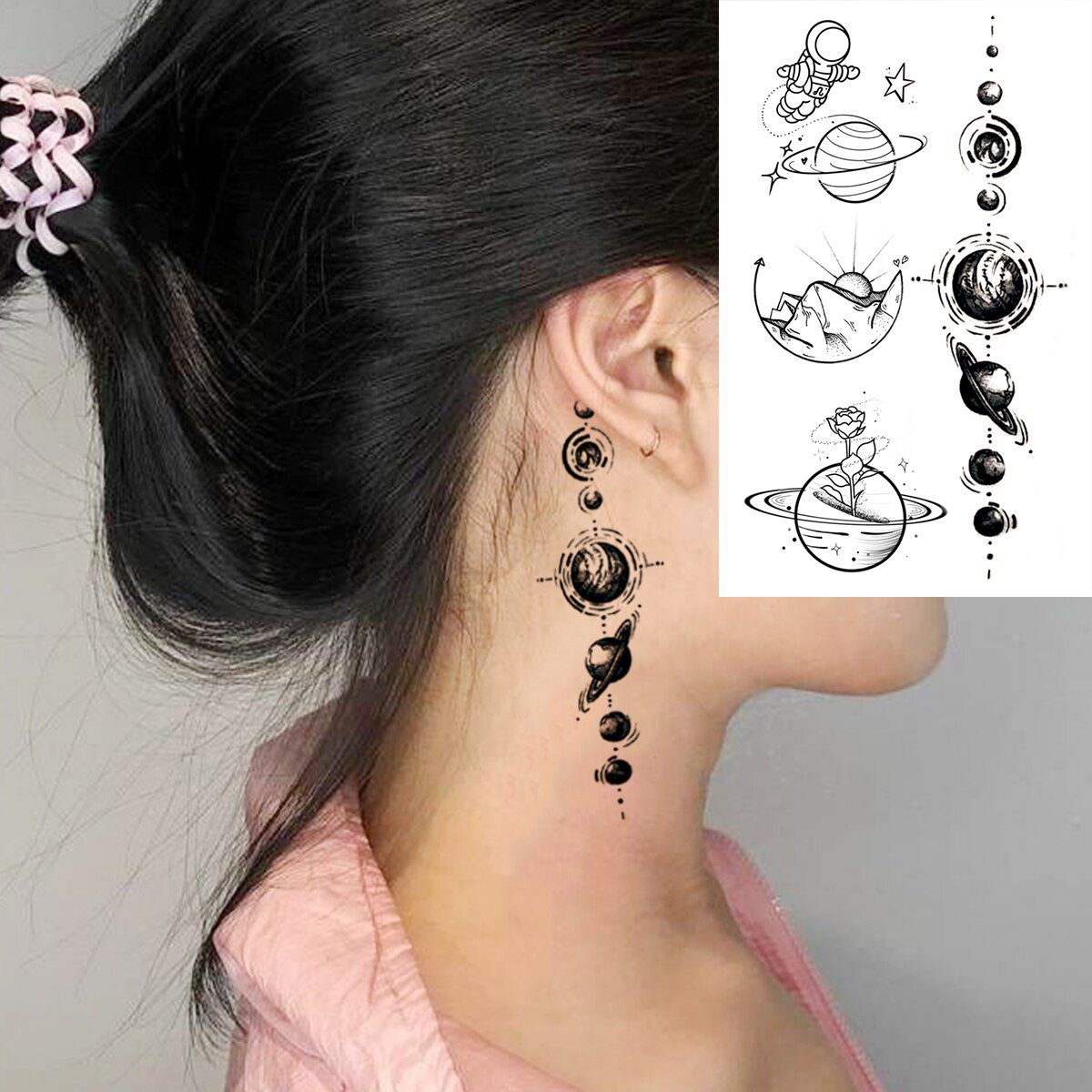 Universe Astronaut Ears Temporary Tattoos For Women Adult Dream Catcher Rose Flower Compass Fake Tattoo Fashion Washable Tatoos