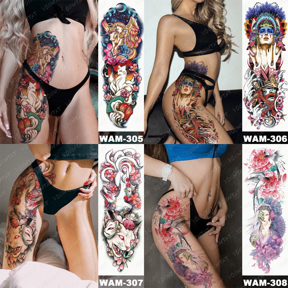 Large Arm Sleeve Tattoo Ninetales Sakura Cat Demon Waterproof Temporary Tattoo Stickers Japanese Body Art Full Fake Tatoo Women