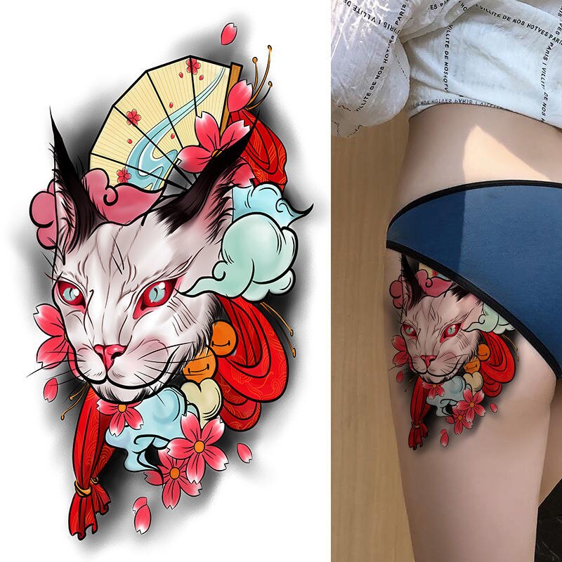 Anime Fake Tattoo for Women Waterproof Cartoon Cat Tattoo Japanese Ukiyos Lasting Sticker Arm Art Stickers Temporary Tattoo