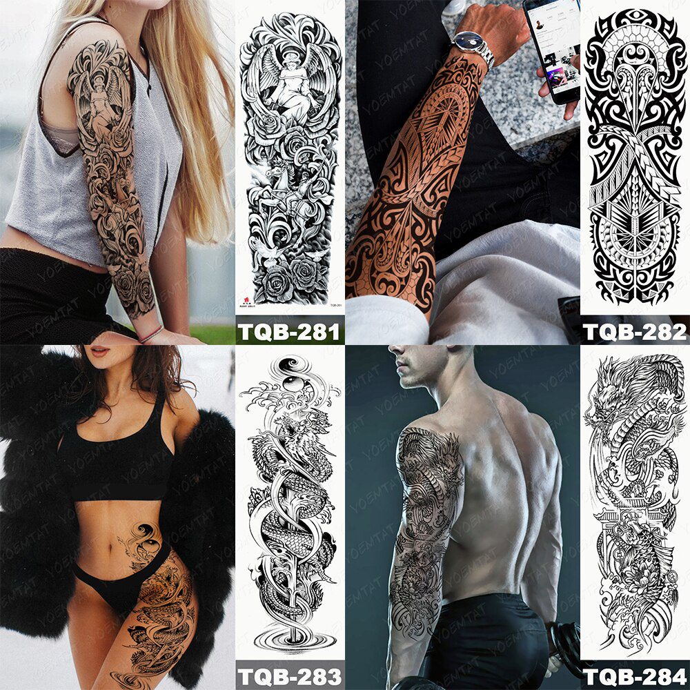 Large Full Arm Sleeve Tattoo Japanese Traditional Dragon Waterproof Temporary Tatoo Sticker Black Ink Men Women Body Art Tatto