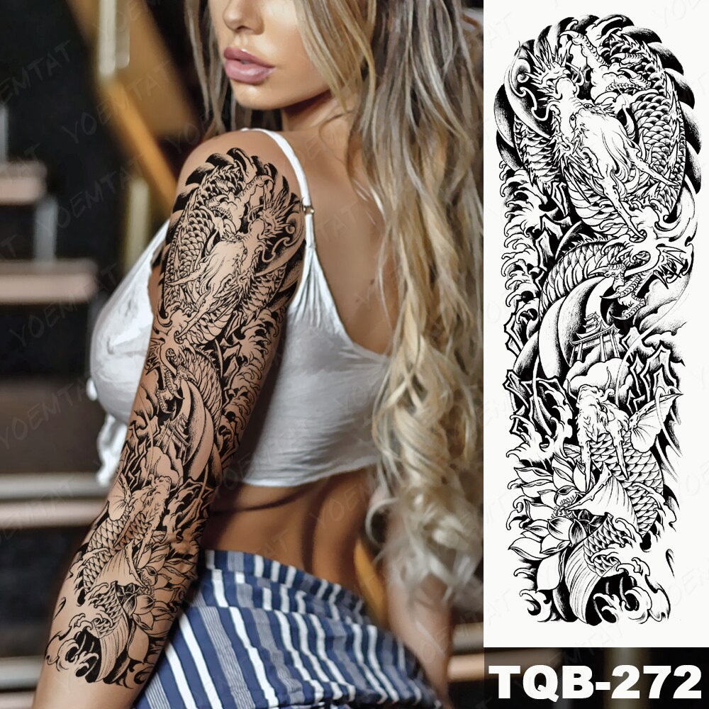 Large Full Arm Sleeve Tattoo Japanese Traditional Dragon Waterproof Temporary Tatoo Sticker Black Ink Men Women Body Art Tatto