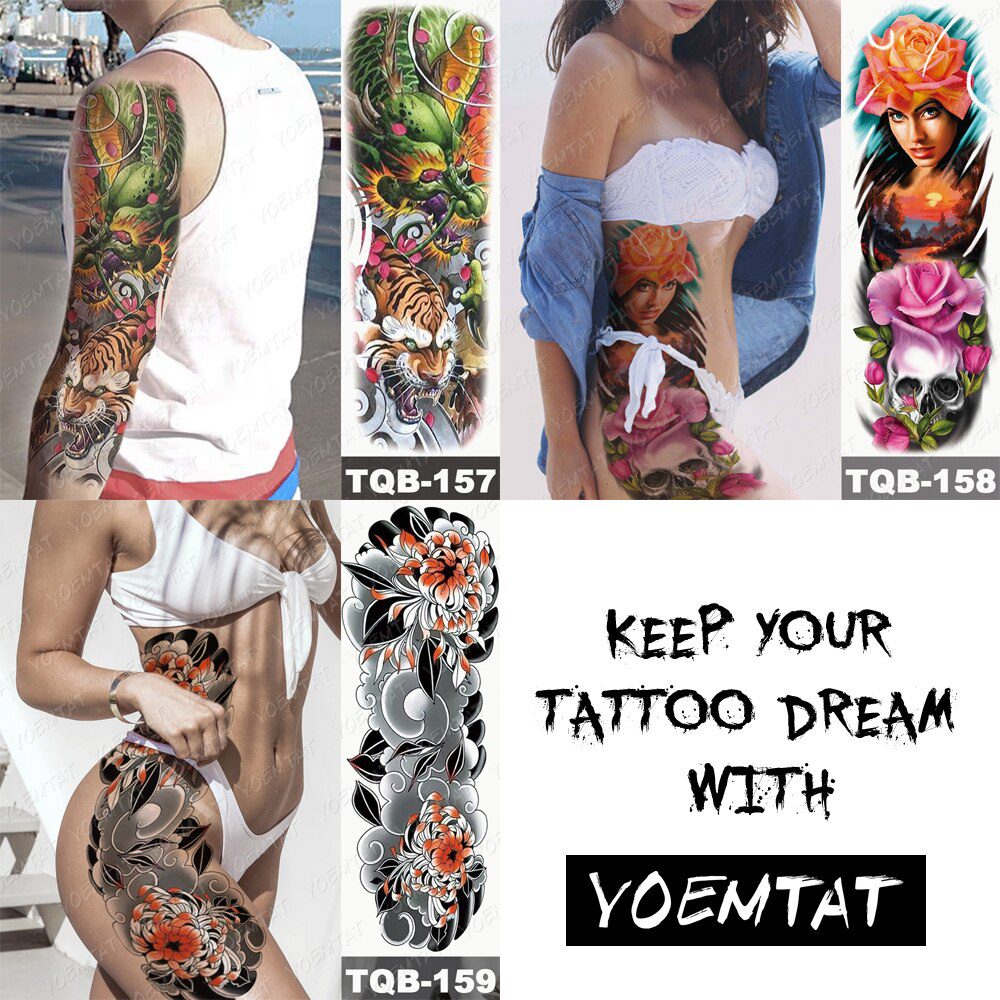 Large Arm Sleeve Tattoo Japanese Prajna Carp Dragon Waterproof Temporary Tatto Sticker God Body Art Full Fake Tatoo Women Men