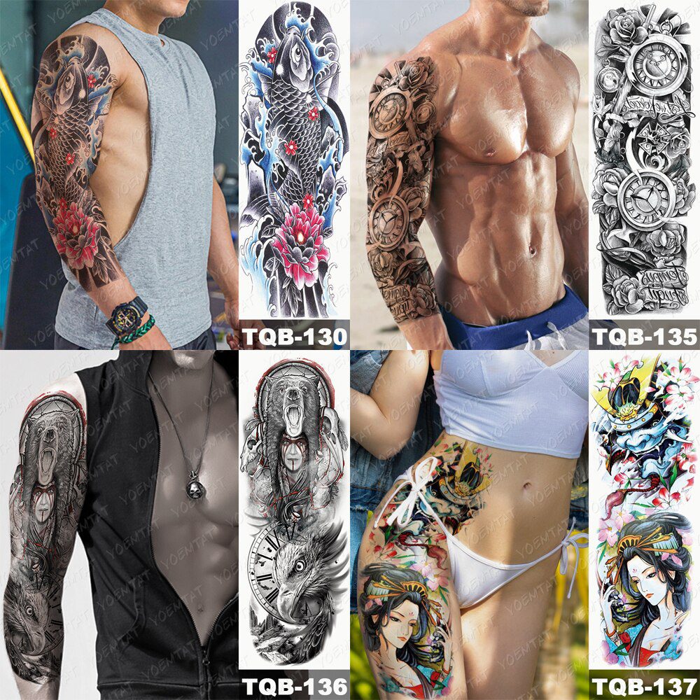 Large Arm Sleeve Tattoo Japanese Prajna Carp Dragon Waterproof Temporary Tatto Sticker God Body Art Full Fake Tatoo Women Men