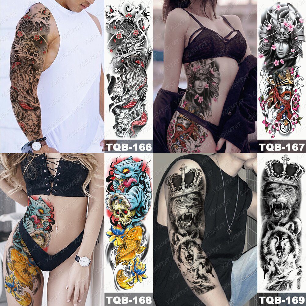 Large Arm Sleeve Tattoo Japanese Prajna Carp Dragon Waterproof Temporary Tatto Sticker God Body Art Full Fake Tatoo Women Men