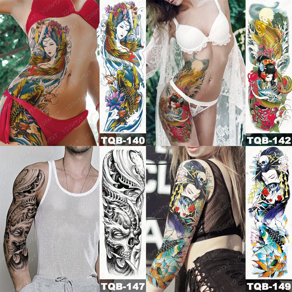 Large Arm Sleeve Tattoo Japanese Prajna Carp Dragon Waterproof Temporary Tatto Sticker God Body Art Full Fake Tatoo Women Men